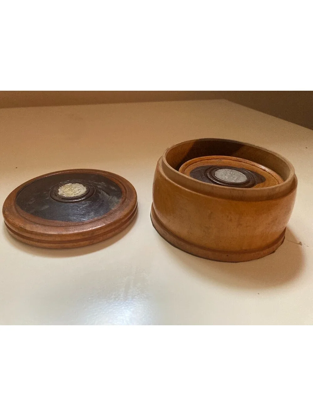 Vintage 5 Pc Hard Wood Coaster Set in Box